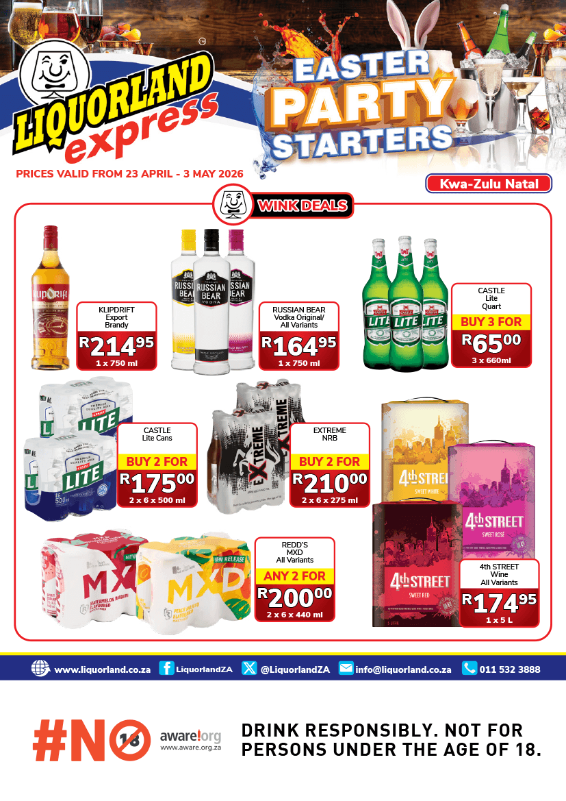 Liquorland Express KZN Easter Mania Leaflet 2026 Check out the KZN Liquorland Express Easter Mania leaflet for the best local deals on Amstel, Redd's, and Guarrana.
