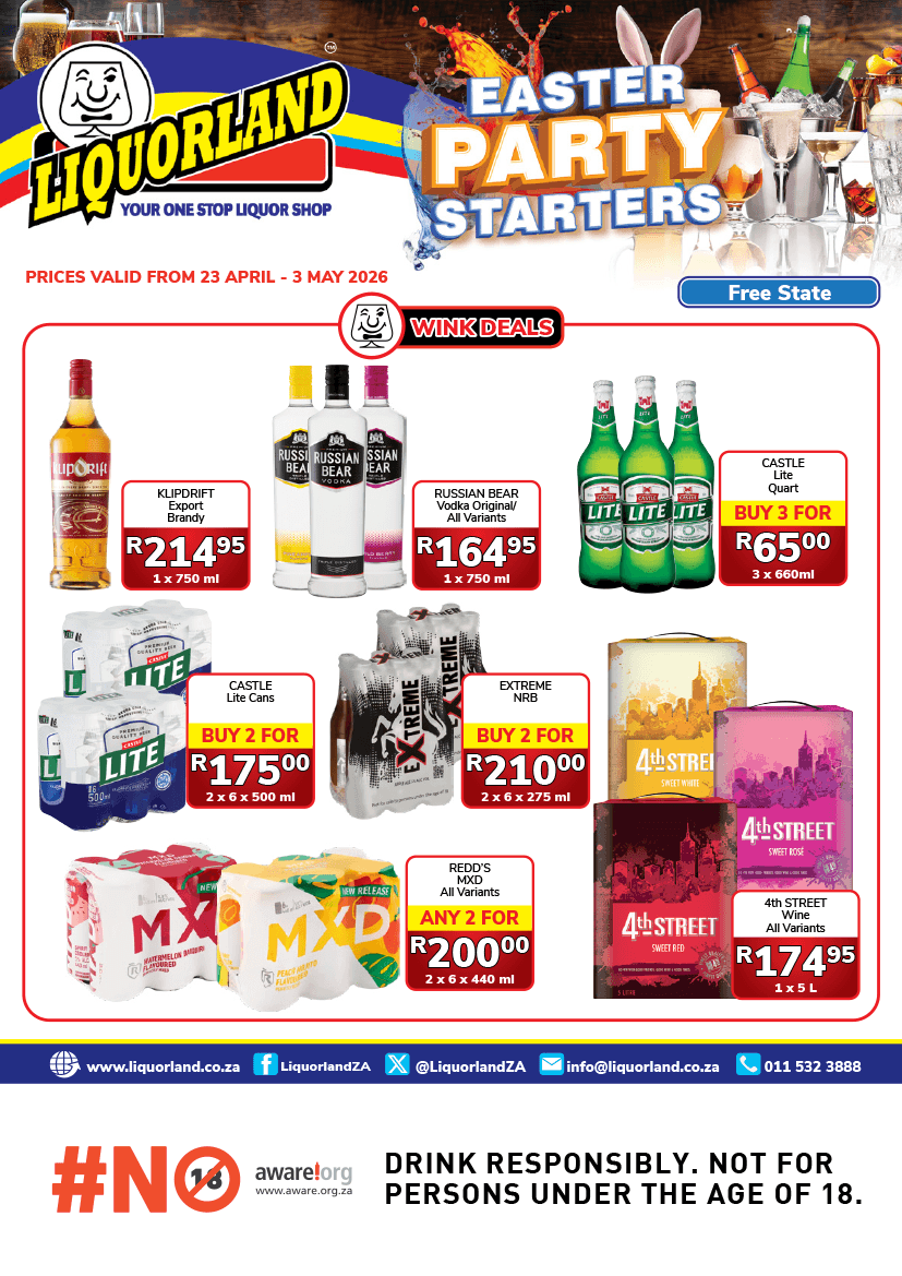 Get ready for the long weekend with Free State Easter specials on premium spirits and ice-cold beers available at your nearest participating Liquorland store. Liquorland Free State Easter Party Starters Specials 2026