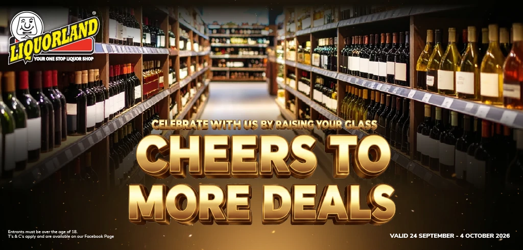 Liquorland 'Cheers to More Deals' promotion banner showing a fully stocked liquor store aisle, valid 24 Sept - 4 Oct 2026.