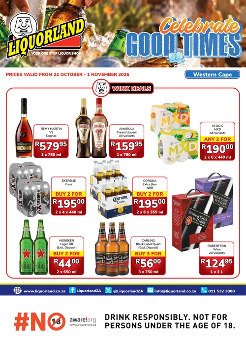 Liquorland Western Cape Spring Time Madness leaflet with deals on beer, wine, and spirits, valid 22 October to 1 November 2026.